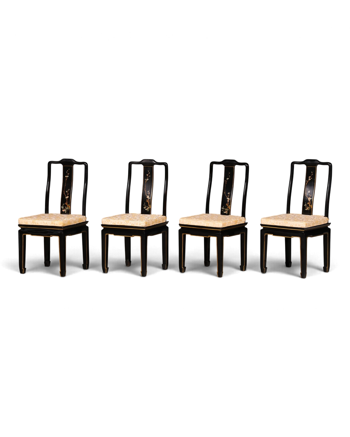 Ensemble de 4 chaises de salle à manger asiatiques raffinées, laquées noires, de style chinoiserie, avec décor floral