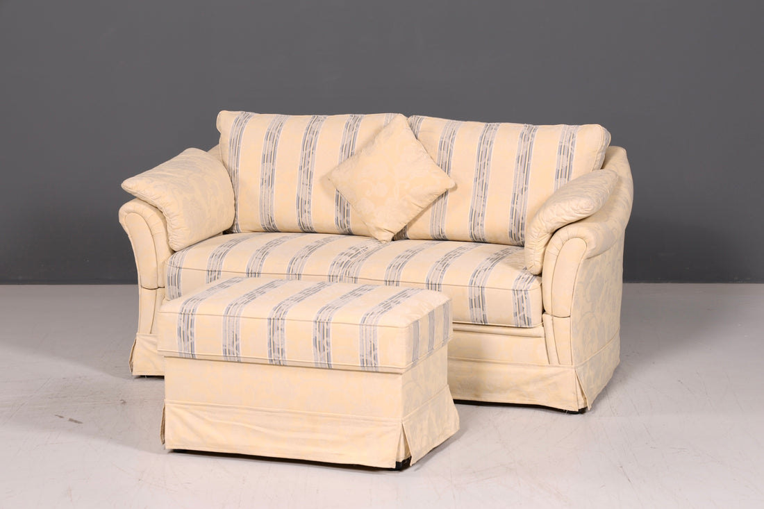 Beautiful Country House Sofa with Ottoman English Style Cream 2-Seater Couch Fabric Upholstered Sofa Country Style Two-Seater