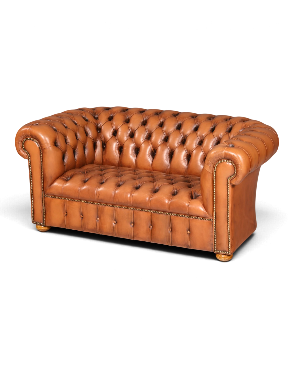 Fine original Chesterfield two-seater sofa, genuine English leather, cognac, UK