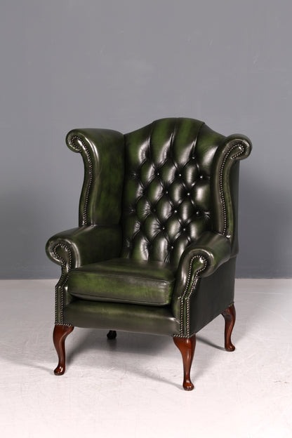 Wunderschöner Original Chesterfield Ohrensessel Grün Echt Leder Kingsgate Englisch Ohrenbackensessel Herrensessel UK