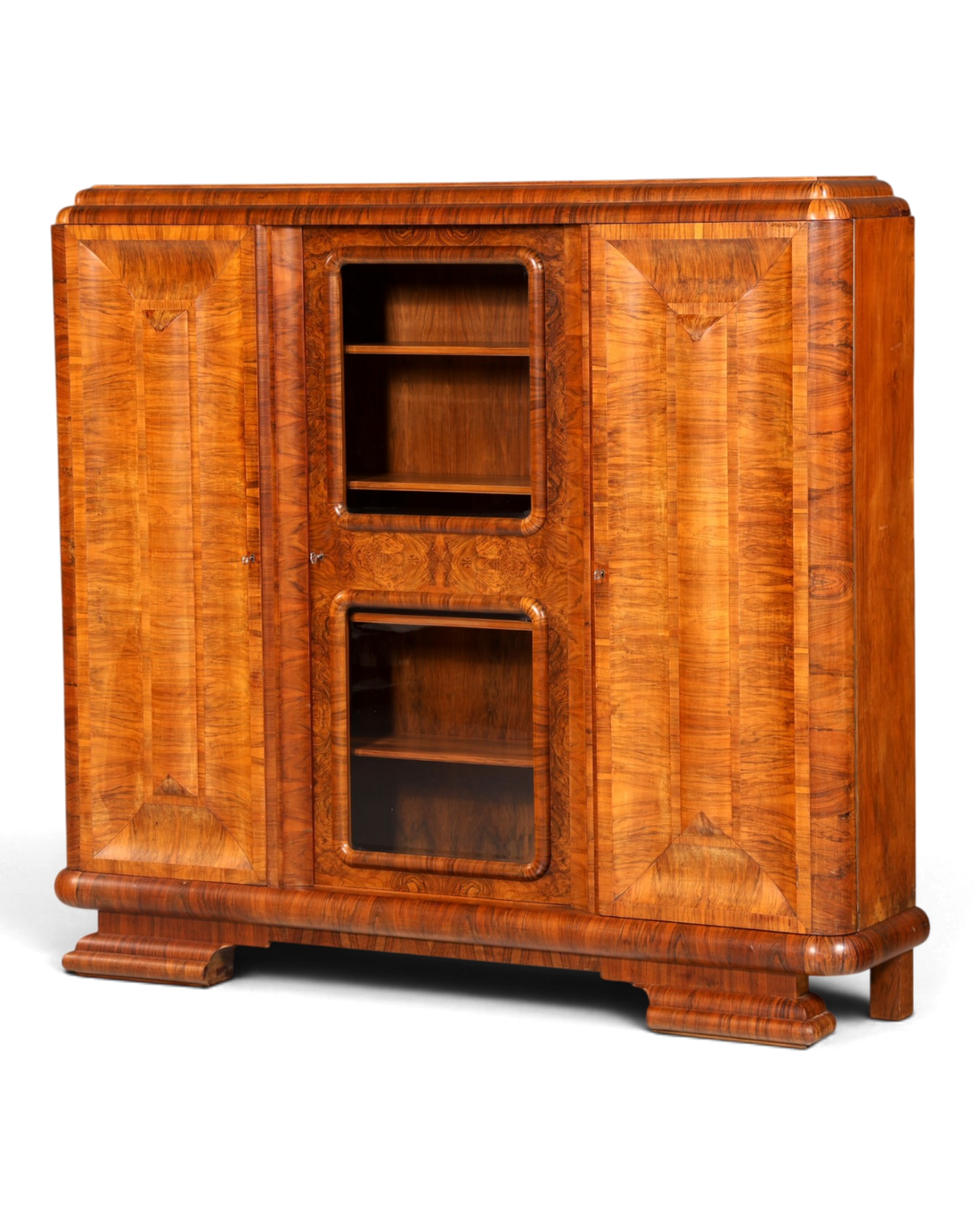 Impressive Original Art Deco walnut bookcase with glass display cabinet, antique solid wood vintage cabinet