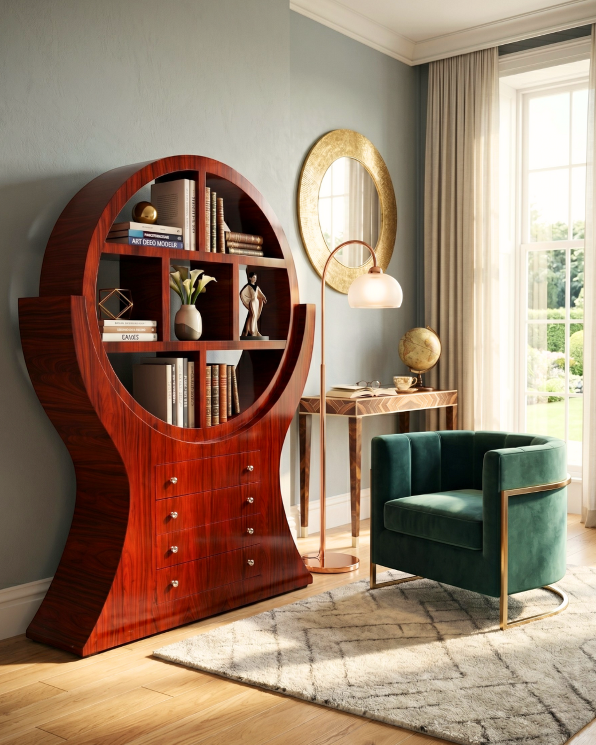 Hauptstadt Möblerei Art Deco Bücherregal aus Edelholz mit runden Regalfächern und Schubladen in luxuriösem Wohnzimmer