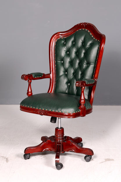 Edler Chesterfield Chefsessel Bürostuhl Grün Mahagoni Schreibtischstuhl Drehstuhl Englisch Vintage