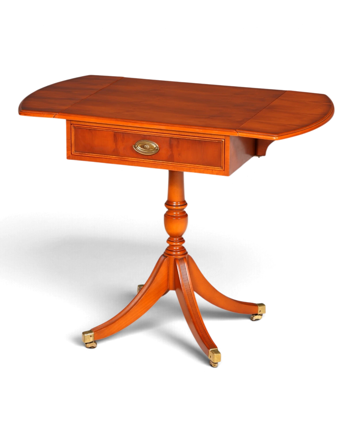 Magnifique table anglaise rabattable en if, table Pembroke, table d’appoint, table de rangement avec tiroir sur roulettes, vintage
