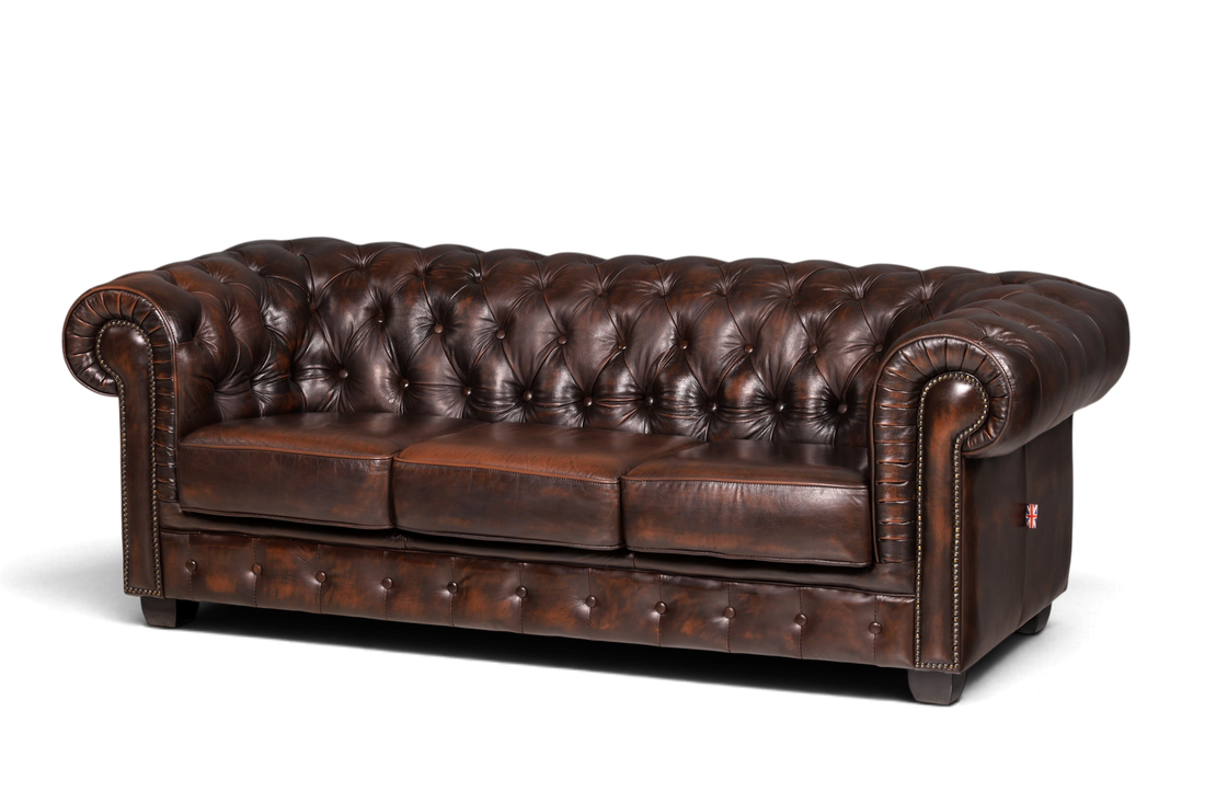 Hauptstadt Möblerei Chesterfield 3-Sitzer Sofa aus braunem Echtleder mit klassischer Knopfheftung und Ziernägeln