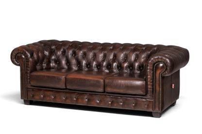 Hauptstadt Möblerei Chesterfield 3-Sitzer Sofa aus braunem Echtleder mit klassischer Knopfheftung und Ziernägeln