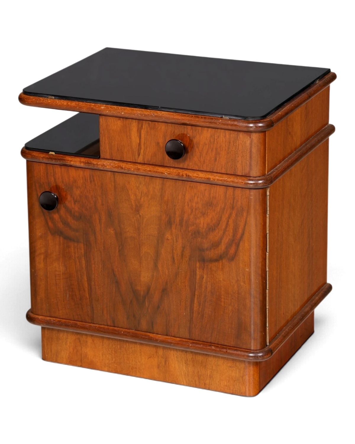Élégente table de chevet Art déco Jindřich Halabala UP Závody, plateau en verre noir, meuble de chevet, console de chevet 1 sur 2