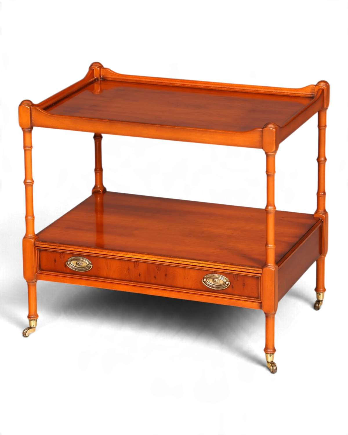 Élégante table d'appoint originale Heldense en if, étagère à niveaux, chariot de service anglais à roulettes, table d'appoint vintage