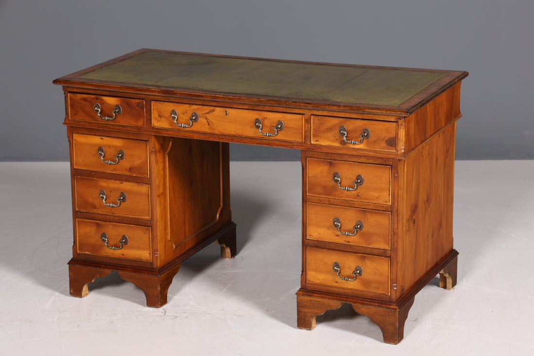 Magnifique bureau anglais avec plateau en cuir véritable, structure en bois d&