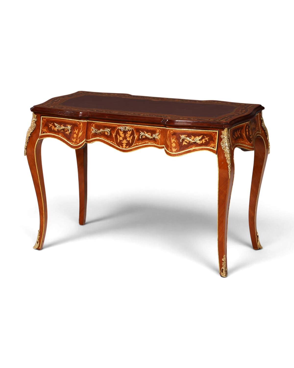 Hauptstadt Möblerei Schreibtisch im Louis XV Stil aus Massivholz mit Messingbeschlägen und Intarsien