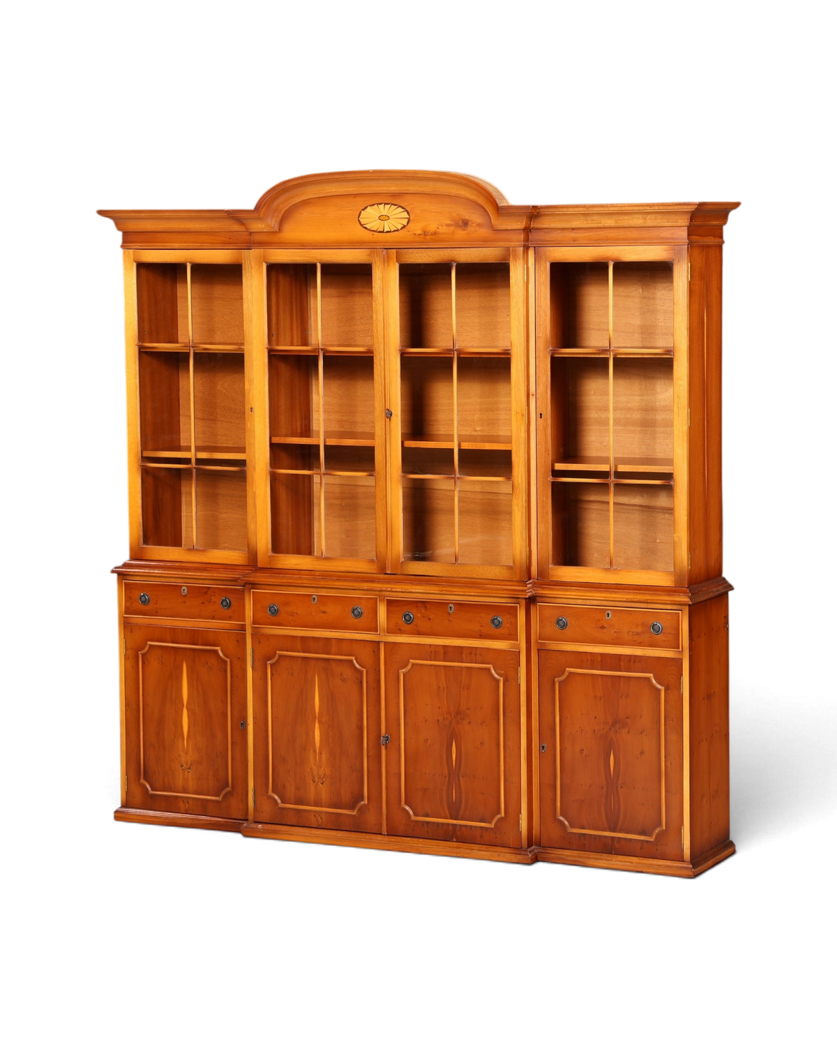 Hauptstadt Möblerei englische Vitrine aus Eibenholz mit Glasfront, Sprossentüren und dekorativem Intarsienmedaillon