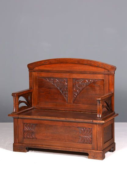 Magnifique banc Art nouveau, banc ancien, coffre, canapé en chêne, banc en bois, coffre en bois