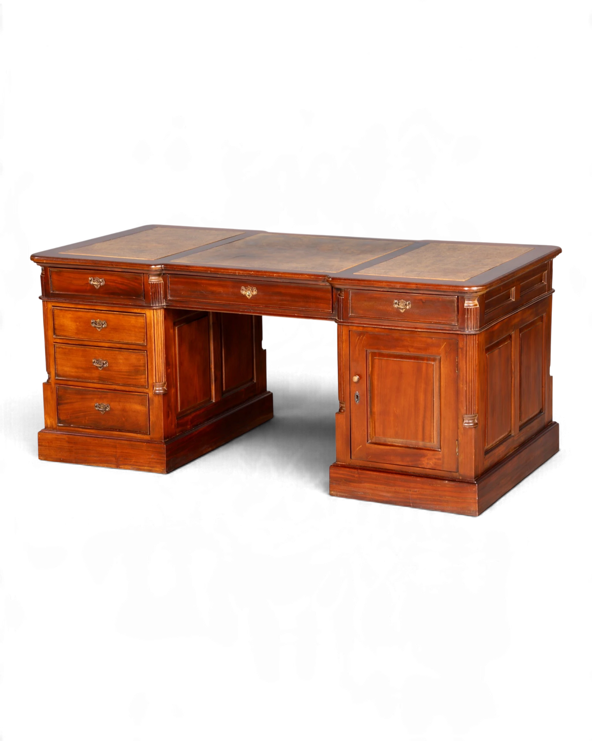Magnifique bureau anglais Partnerdesk avec sous-main en cuir, bureau de travail vintage en bois massif