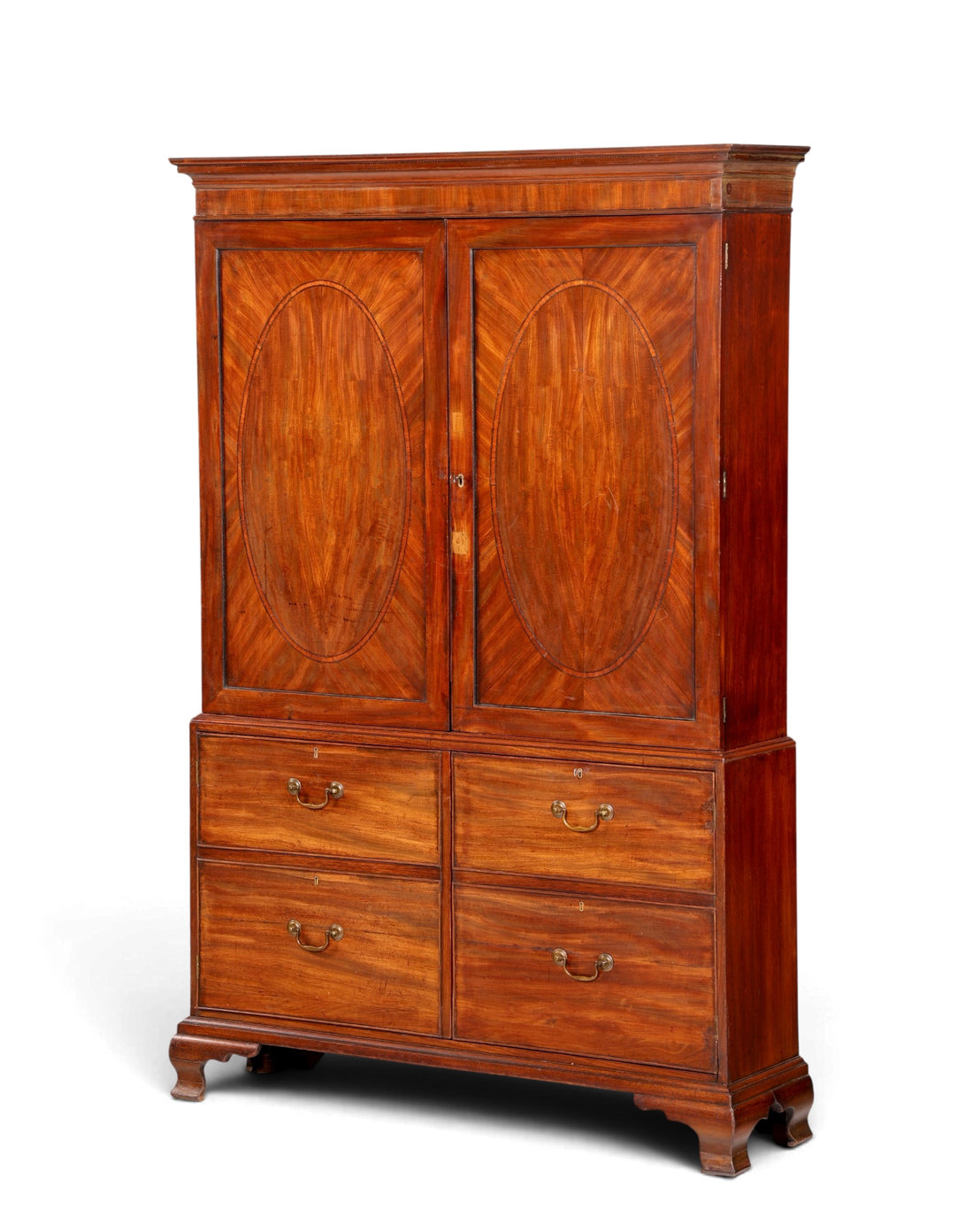 Hauptstadt Möblerei antiker englischer Mahagoni Wäscheschrank um 1900 mit Oval-Intarsien und vier Schubladen