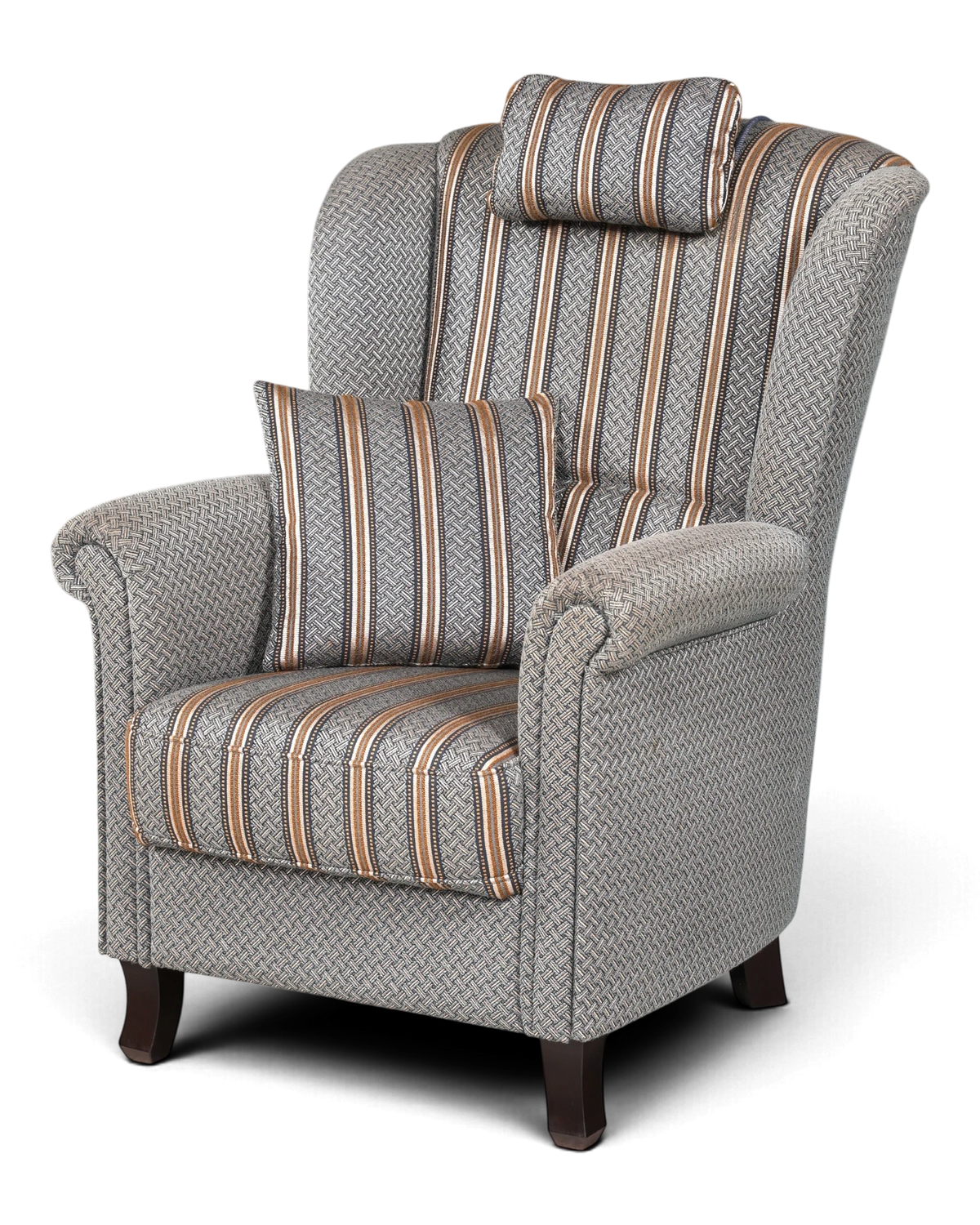 Magnifique fauteuil à oreilles de style anglais, rayé gris-vert, fauteuil à accoudoirs rembourrés de style maison de campagne 1 sur 2