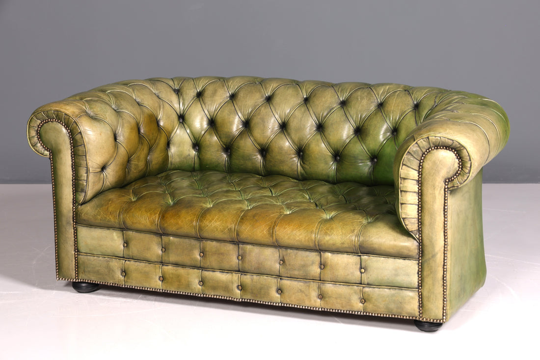 Magnifique canapé Chesterfield original 2 places, vert anglais, cuir véritable, canapé 2 places