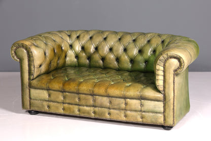Magnifique canapé Chesterfield original 2 places, vert anglais, cuir véritable, canapé 2 places