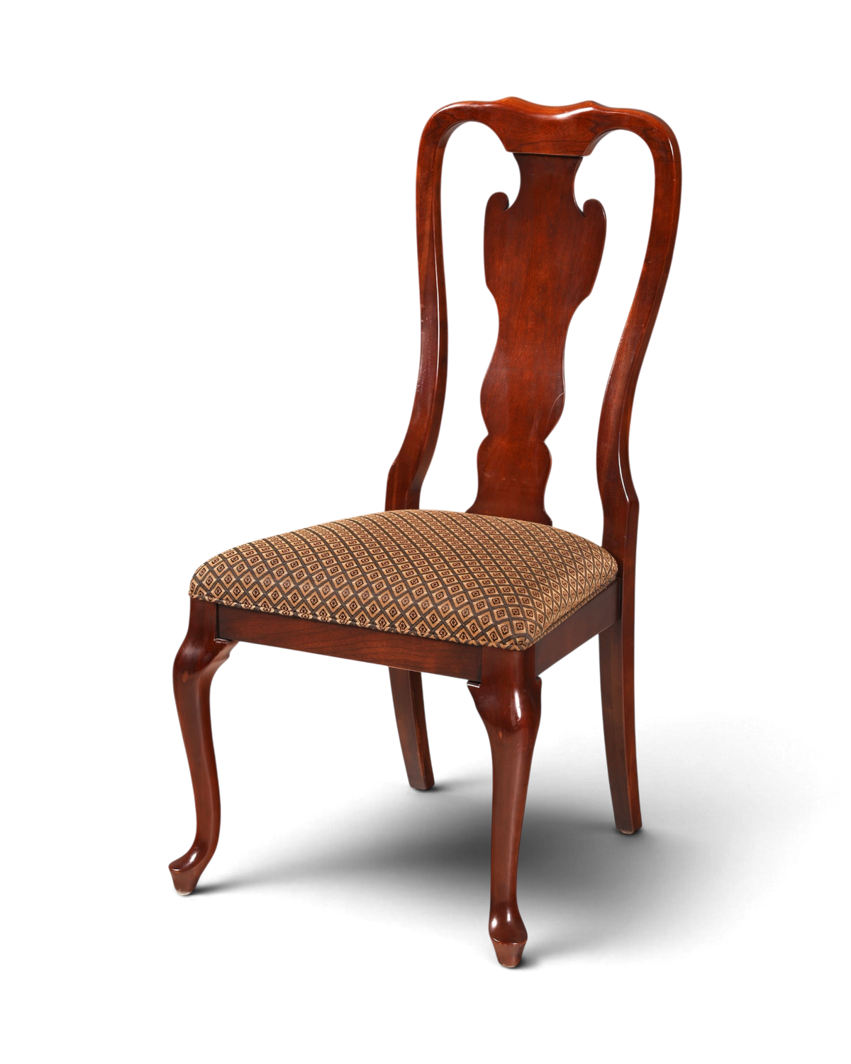 Hauptstadt Möblerei Drexel Heritage Chippendale Stuhl aus dunklem Holz mit gemustertem Stoffpolster