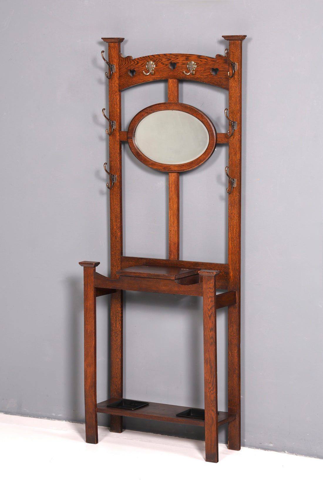 Magnifique vestiaire Art nouveau en chêne, vestiaire d’entrée antique, porte-manteau avec miroir, meuble d’entrée, patère murale