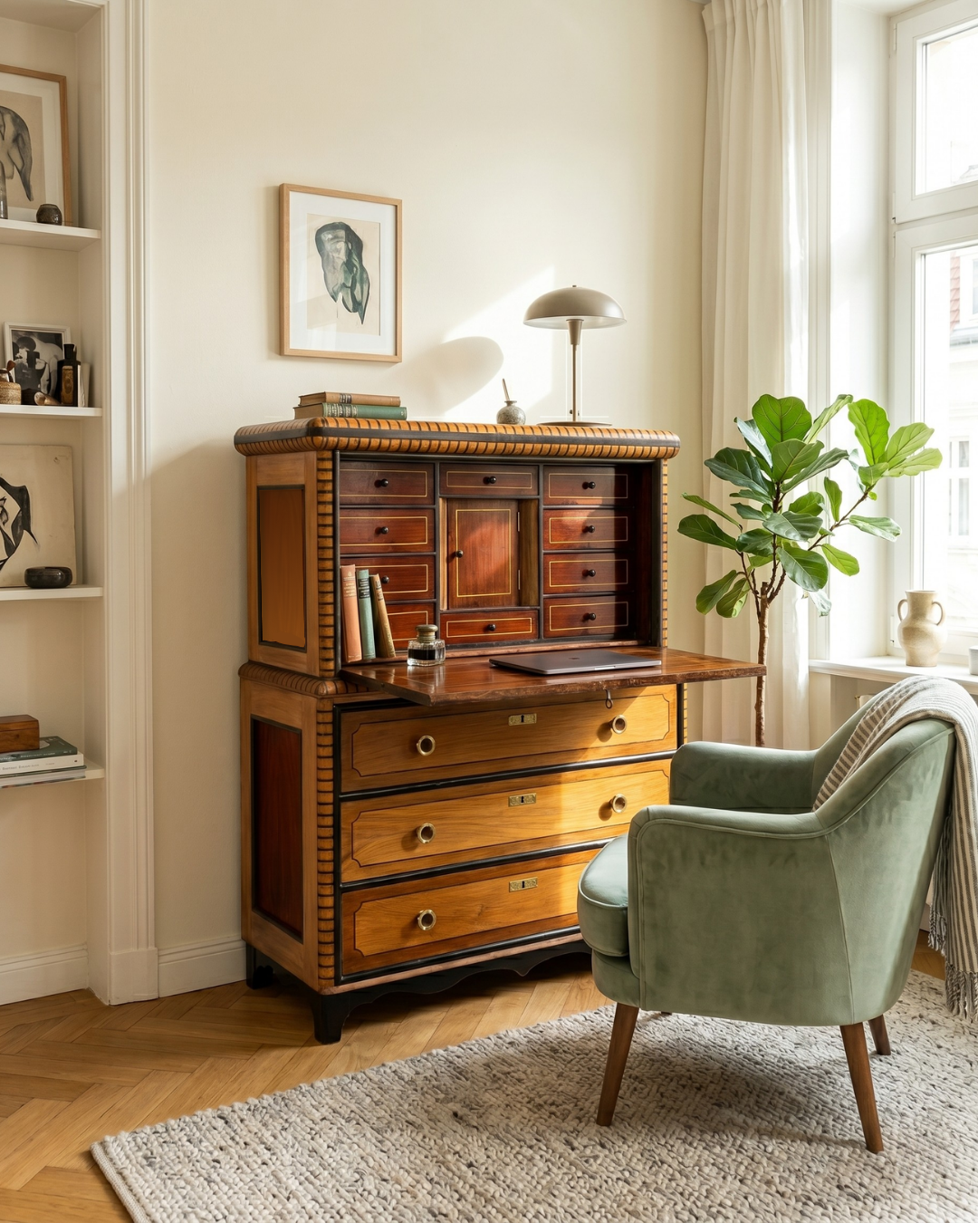 Beautiful antique secretary desk, solid wood writing commode, vertiko, chest of drawers, desk