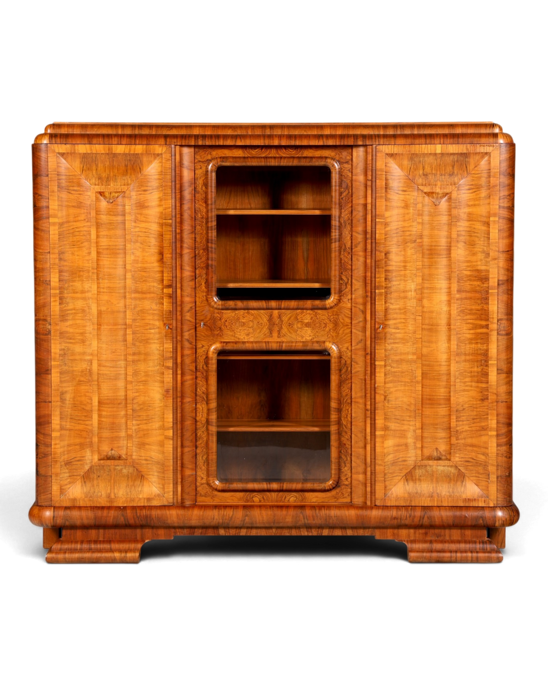 Impressive Original Art Deco walnut bookcase with glass display cabinet, antique solid wood vintage cabinet