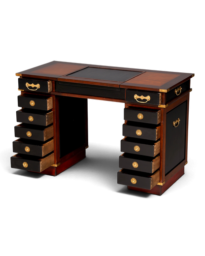 Hauptstadt Möblerei maritimer Schreibtisch im Military Chest Stil aus Holz mit Lederauflage und Messingbeschlägen