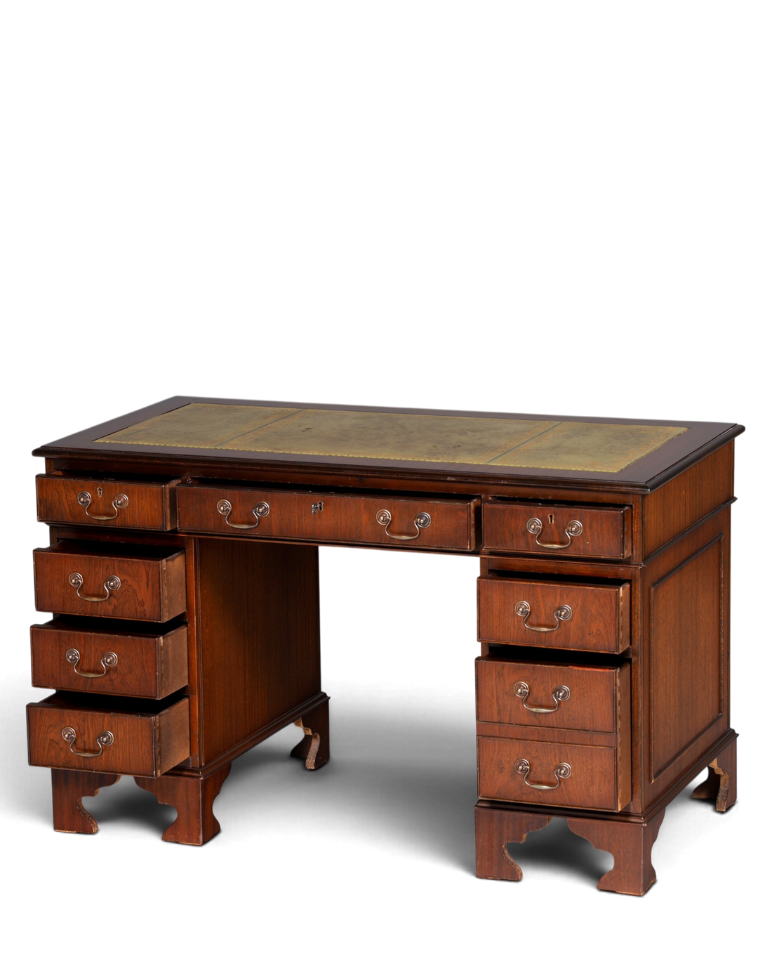 Hauptstadt Möblerei englischer Schreibtisch aus Massivholz mit grüner Echtlederauflage und Messingbeschlägen