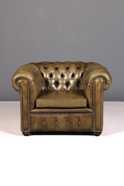 Stilvoller Original Chesterfield Sessel Grün Echt Leder Englischer Armlehnsessel Herrensessel Clubsessel UK Vintage
