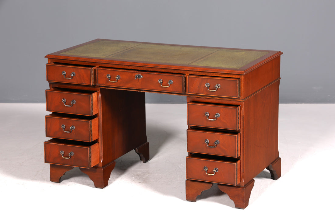 Magnifique bureau anglais avec plateau en cuir véritable, bureau de style ancien