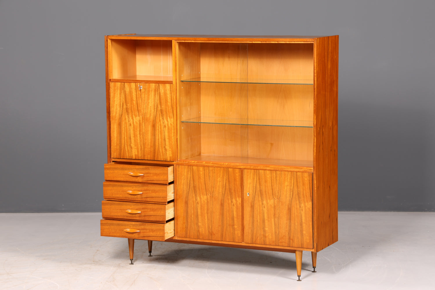 Wunderschöner Mid Century Schrank Vintage Highboard Vitrine Bücherschrank Wohnzimmerschrank Barschrank echt Holz 60er