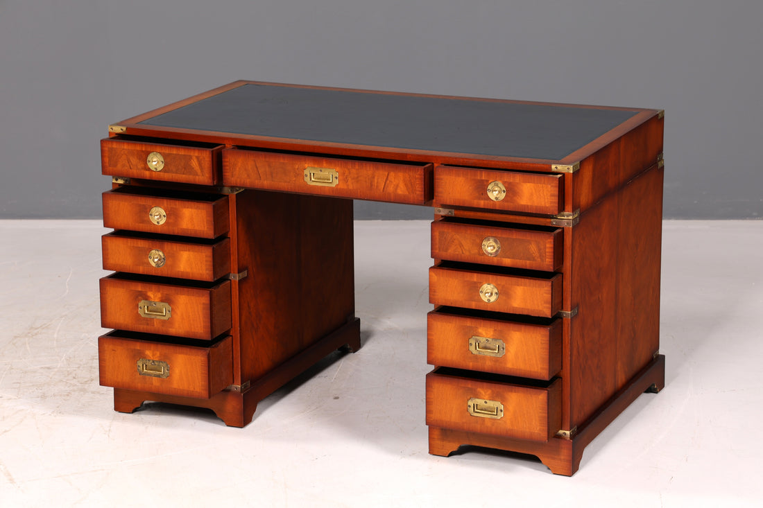 Elegant Maritime Desk, English Military Chest, Office Desk, Office Table, Genuine Leather Top, Antique, Vintage