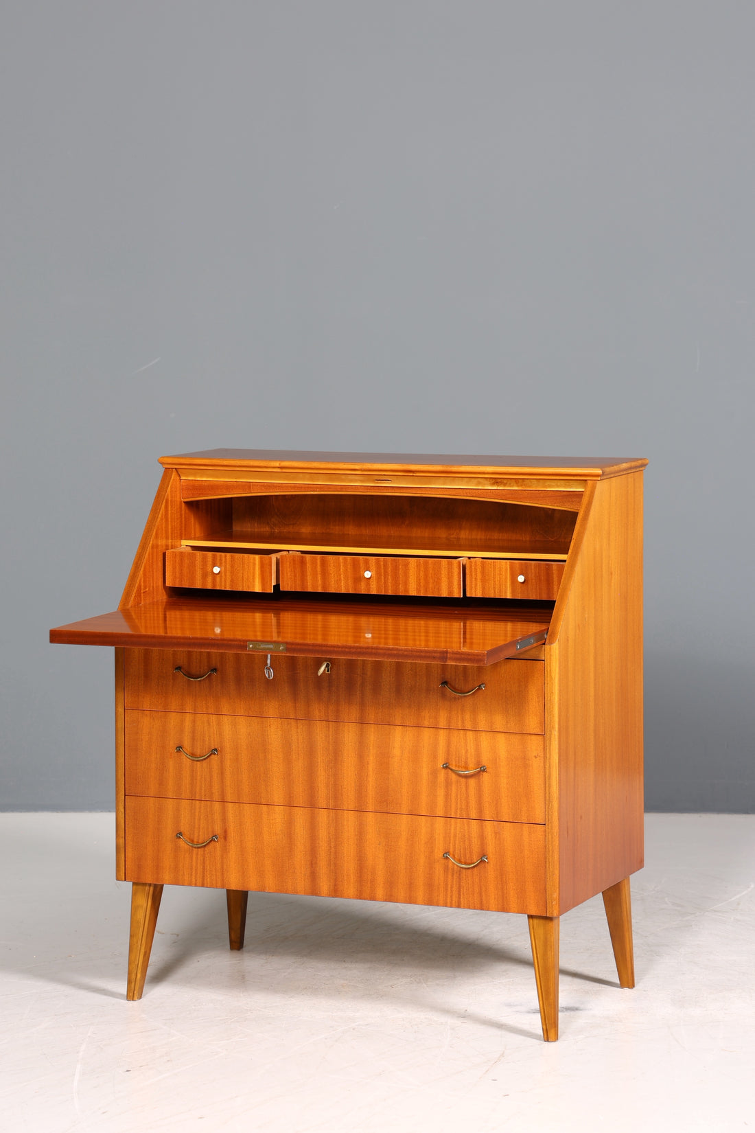 Schlichter Mid Century Sekretär Vintage Schreibmöbel echt Holz Kommode Office Secretary