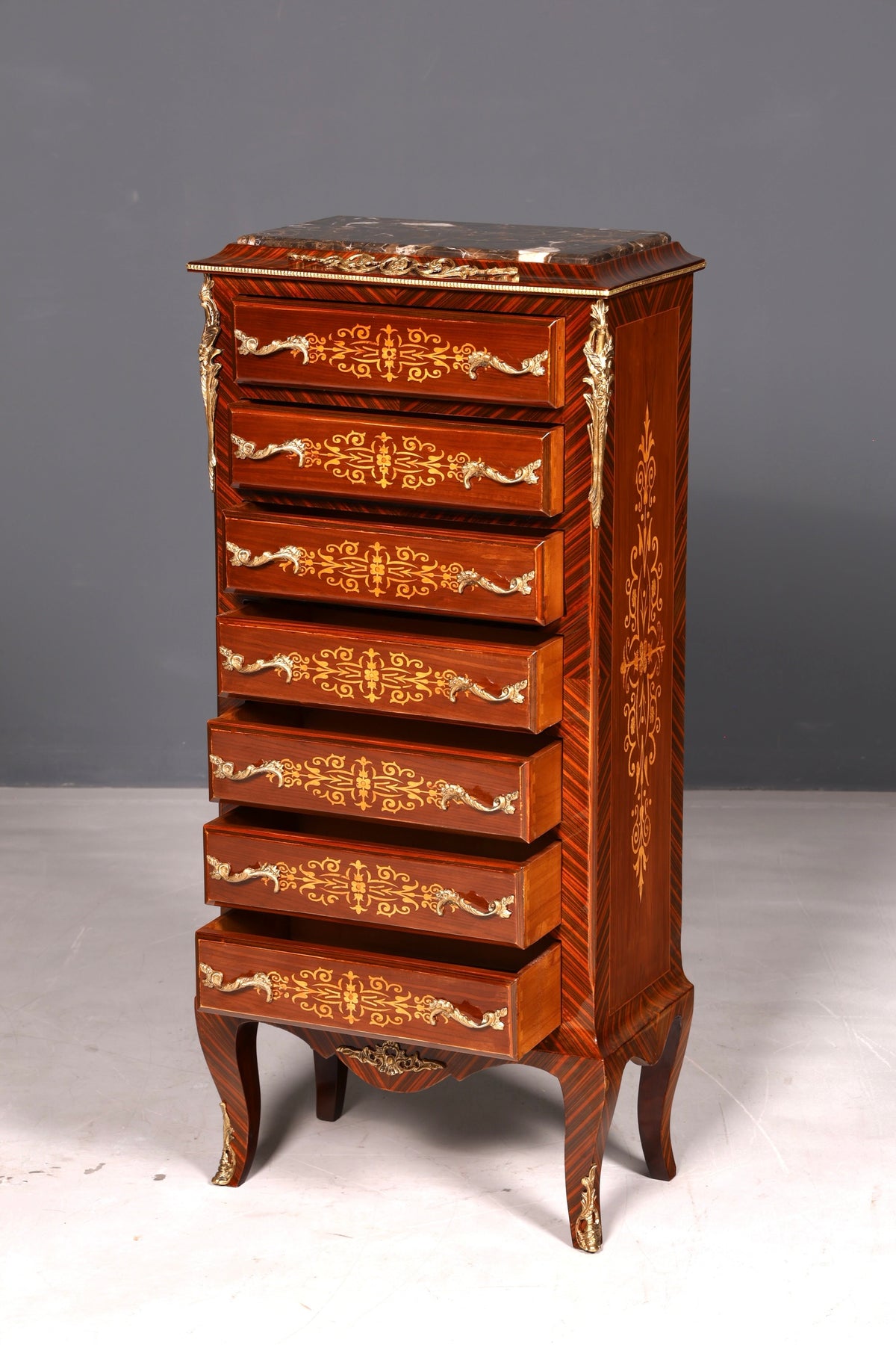 Magnifique buffet haut de style baroque Louis XV, marbre, vertiko, commode marquetée