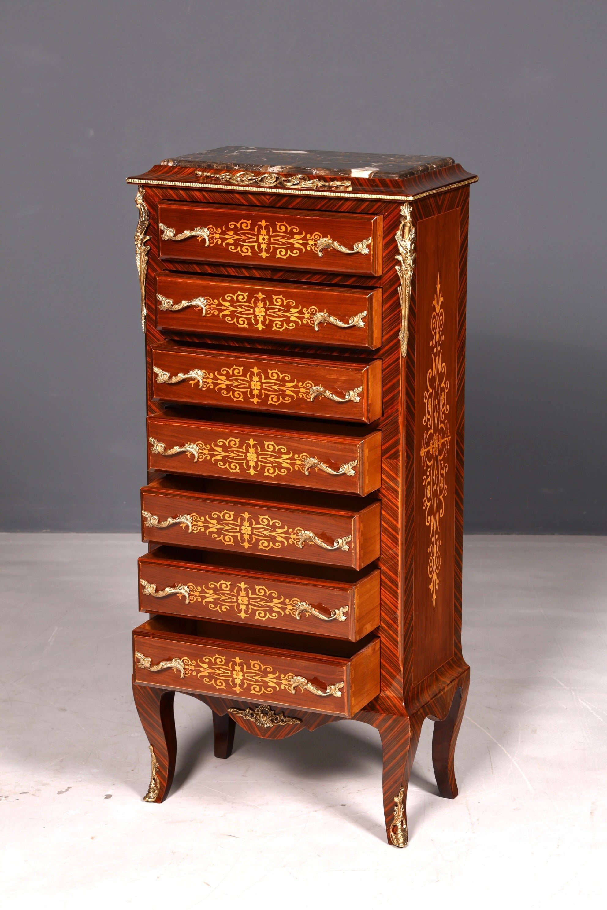 Magnifique buffet haut de style baroque Louis XV, marbre, vertiko, commode marquetée