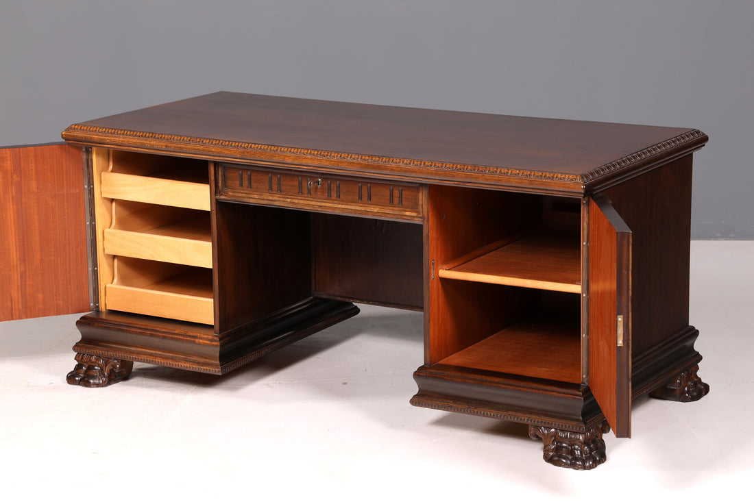 Impressive Neo-Renaissance desk for a gentleman’s room, antique office table, real wood, vintage