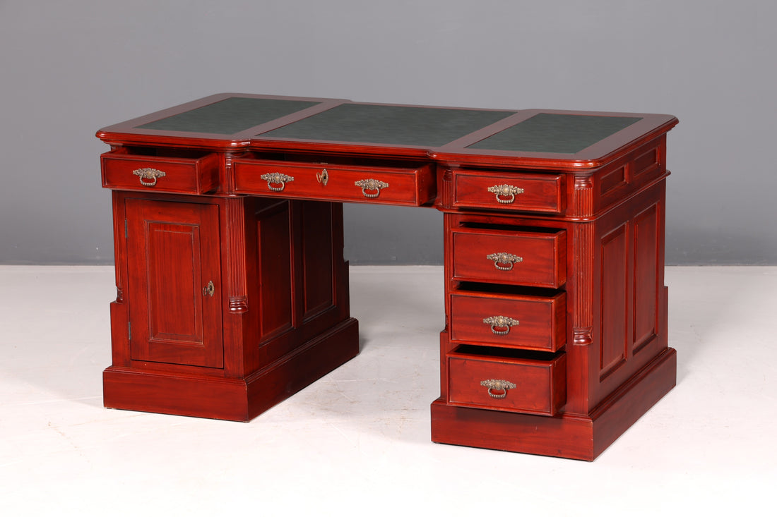 Beautiful English mahogany desk with leather inlay, office desk, partner desk, vintage antique