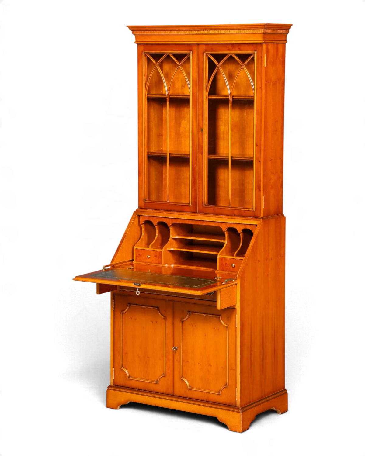 Magnifique secrétaire anglais, secrétaire à abattant, vitrine en if, vintage britannique