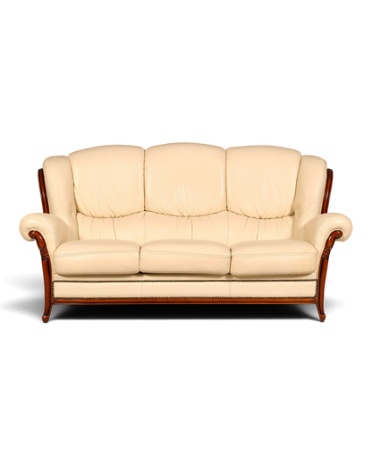 Hauptstadt Möblerei H898 Ledersofa in Creme mit geschwungenen Holzarmlehnen und Ziernieten