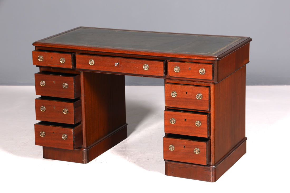 Bureau anglais de rêve avec plateau en cuir véritable, bureau de style antique