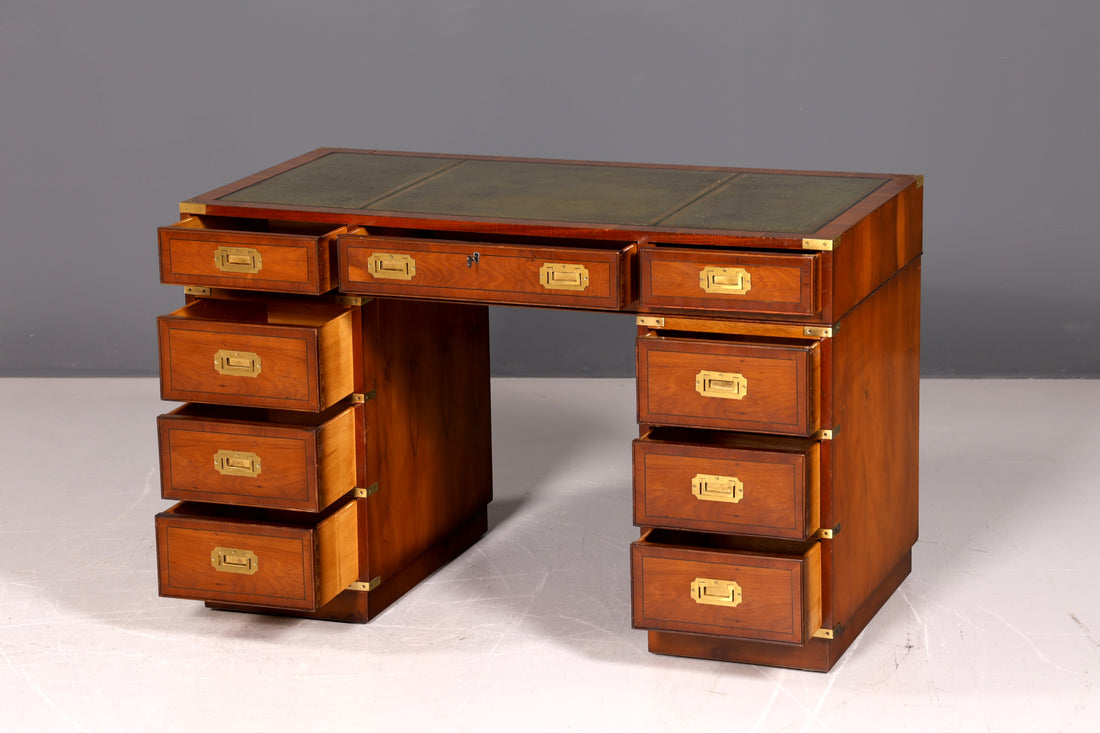 Noble Maritime Desk English Military Chest Office Table Genuine Leather Top Office Table