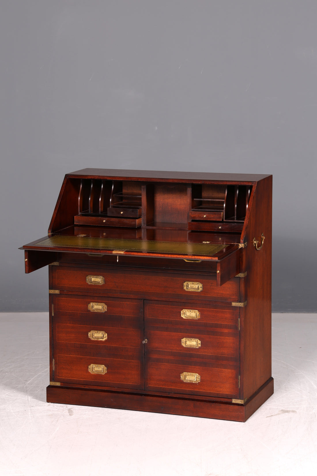 Beautiful maritime secretary English writing chest genuine leather top desk colonial antique vintage