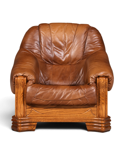 Hauptstadt Möblerei Ledersessel in Cognacbraun mit massivem Holzrahmen im Vintage-Design