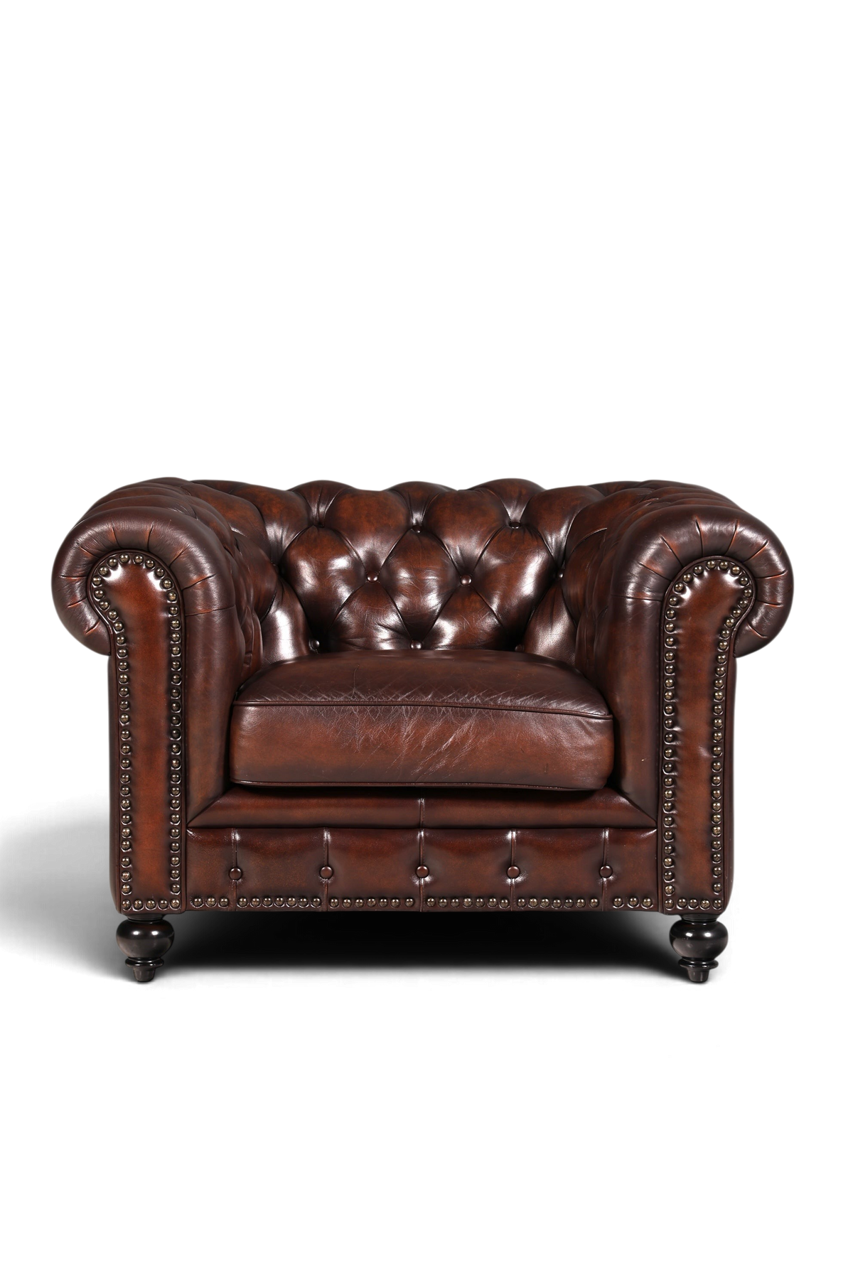 Hauptstadt Möblerei Original Chesterfield Ledersessel in Dunkelbraun mit klassischer Knopfheftung und Nieten