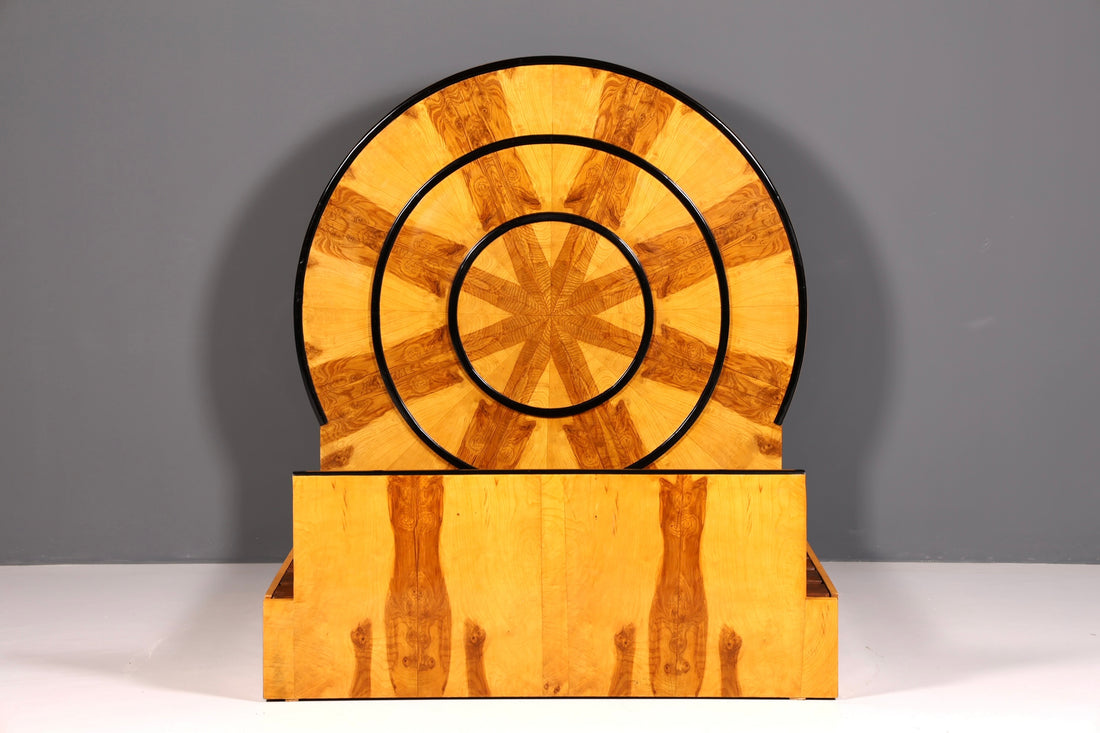 Außergewöhnliches Art Deco Stil Bettgestell "Sun" Birke Schlafzimmer Doppelbett Massivholz Handgefertigt