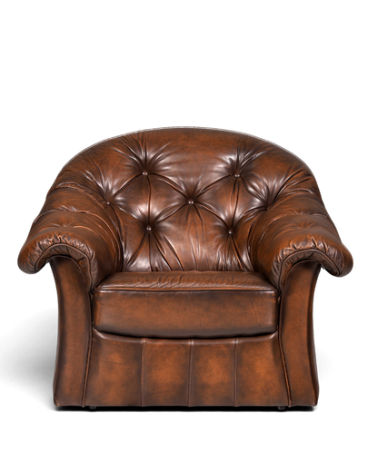 Hauptstadt Möblerei Chesterfield Ledersessel in Braun mit Knopfheftung und geschwungenen Armlehnen im Vintage-Stil