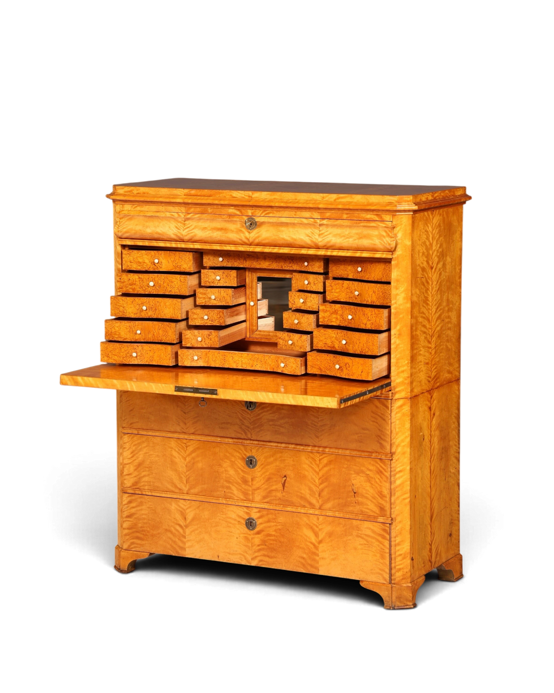 Hauptstadt Möblerei Biedermeier Sekretär aus hellem Echtholz mit aufklappbarer Schreibplatte und vielen kleinen Schubladen