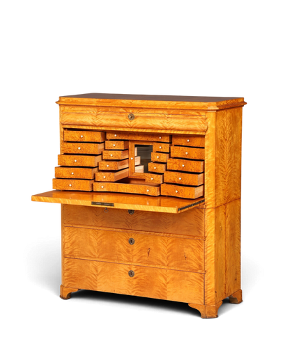 Hauptstadt Möblerei Biedermeier Sekretär aus hellem Echtholz mit aufklappbarer Schreibplatte und vielen kleinen Schubladen
