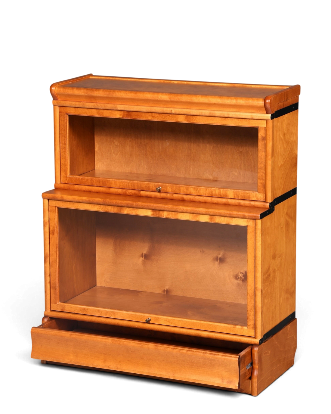 Hauptstadt Möblerei Boknäs Regal im Globe Wernicke Stil aus Holz mit zwei verglasten Klapptüren und unterer Schublade