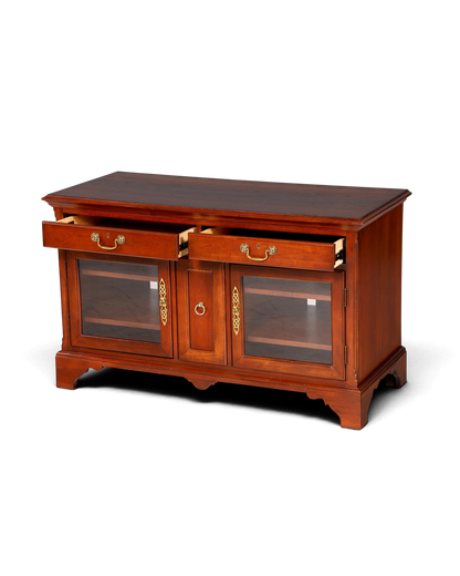 Hauptstadt Möblerei H866 Sideboard aus dunklem Holz mit zwei Schubladen, Glastüren und goldenen Beschlägen