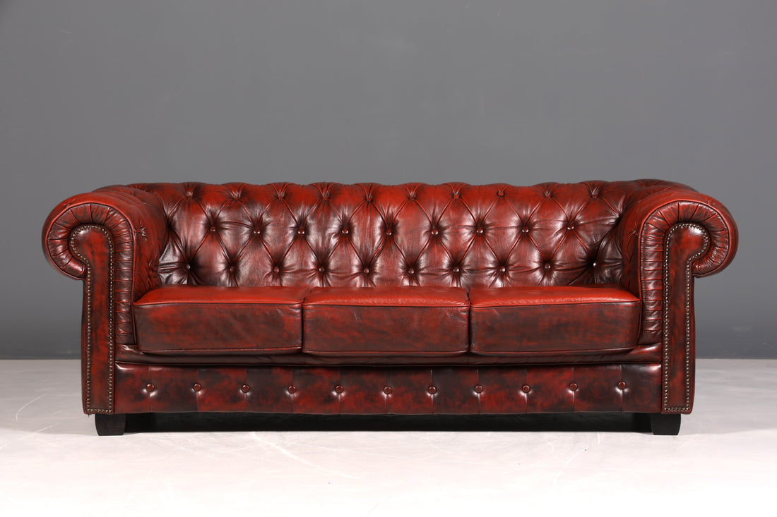 F954 Finish cm Wunderschönes Original Chesterfield Sofa 3- Sitzer echt Leder Oxblood Couch Englisch